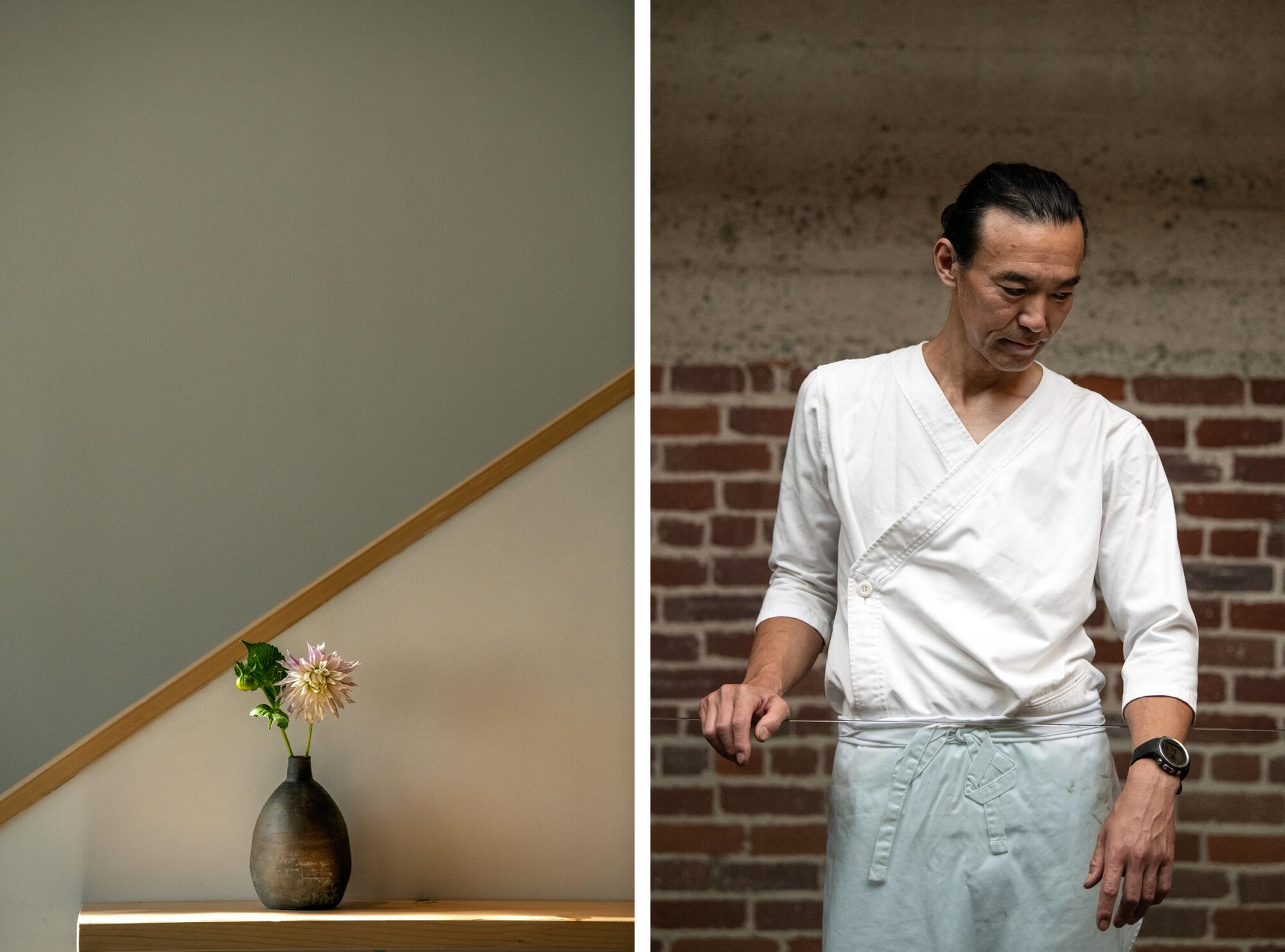 Soft florals in an earthen vase, left, and chef Junya Yamasaki, right.