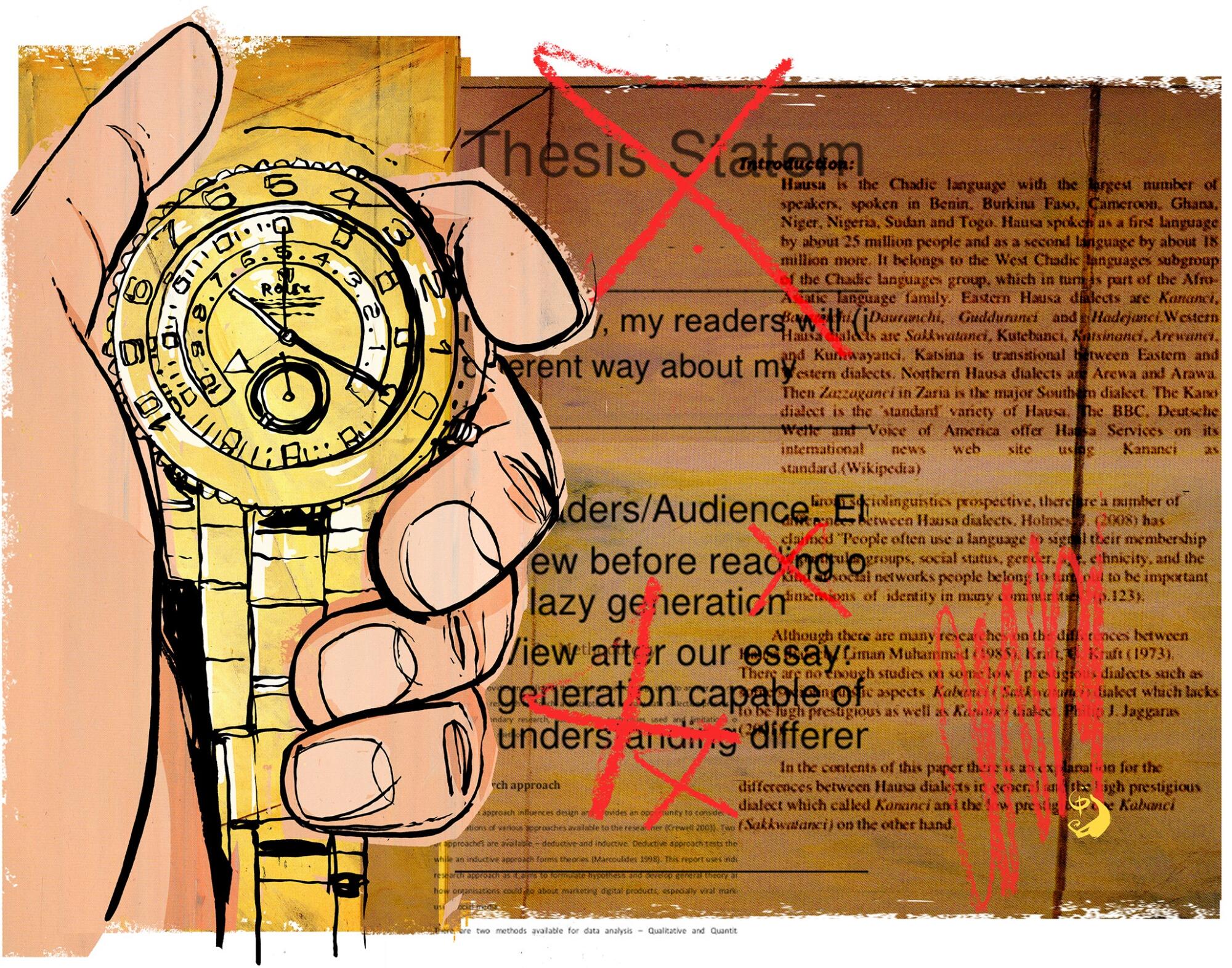 Illustration of a Rolex watch and academic papers.