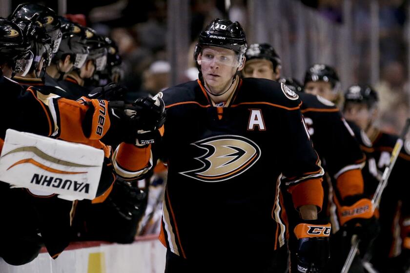 Ducks right wing Corey Perry celebrates with his teammates after scoring a first-period goal in a 4-1 win over the Buffalo Sabres on Wednesday.