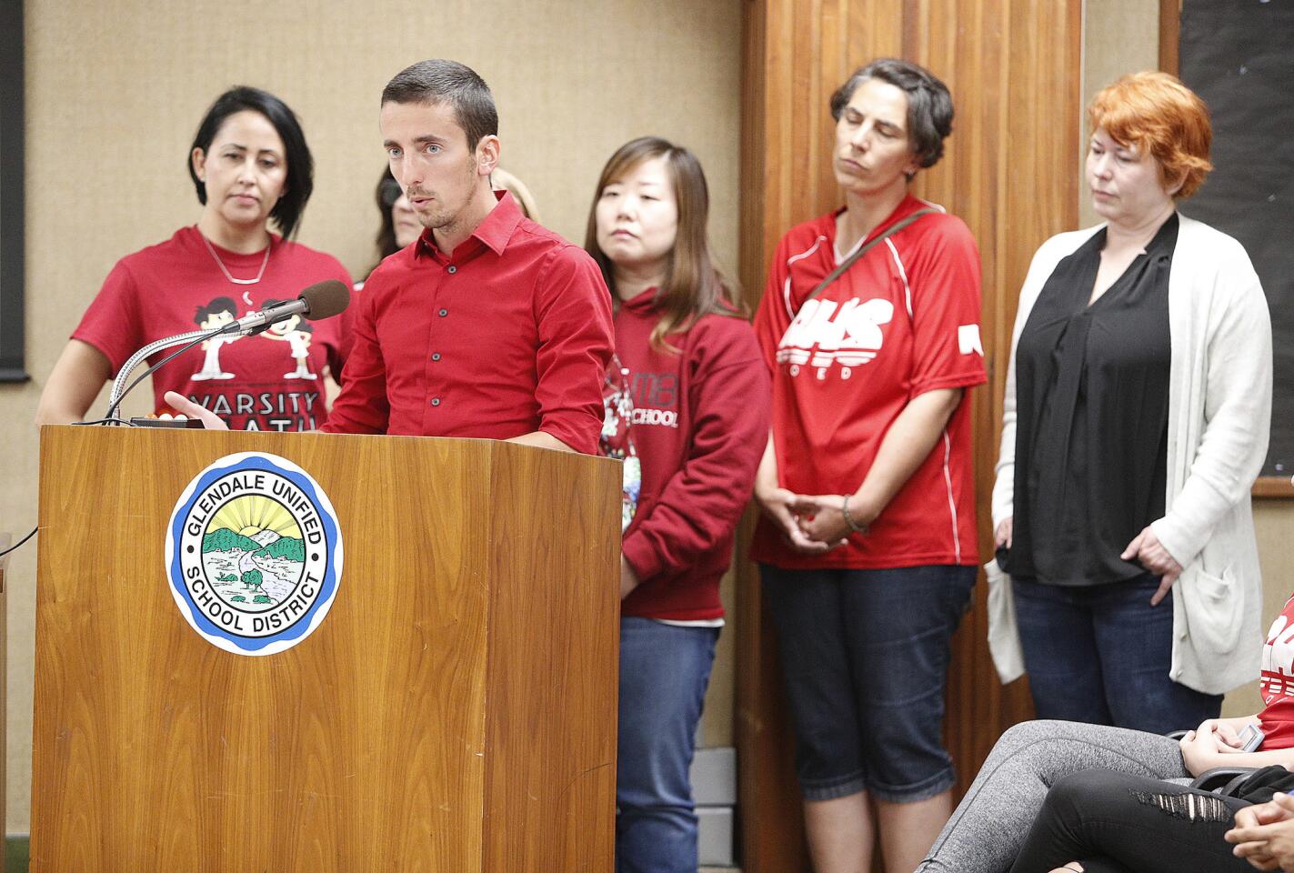 Glendale High School teacher Narek Vardanian, with fellow math teachers behind him, voice strong support for CPM math at a school board meeting to decide which district-wide math curriculum schools will use for instruction next year in Glendale on Monday, June 4, 2018. After pushing the controversial vote about whether to use the HMH math curriculum or CPM for several sessions, the school board voted 5-0 to reject the CPM recommendation by the GUSD staff.