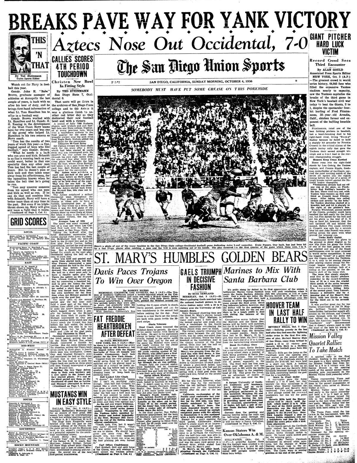 "Aztecs Nose Out Occidental, 7-0"   Union Sports page Oct. 4, 1936