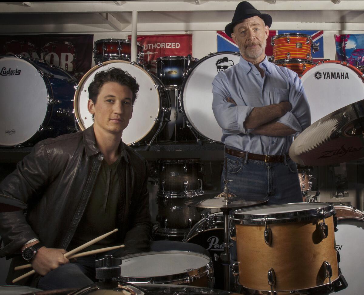 Miles Teller, left, is setting a new pace for his acting career with his performance in “Whiplash,” which also stars J.K. Simmons.