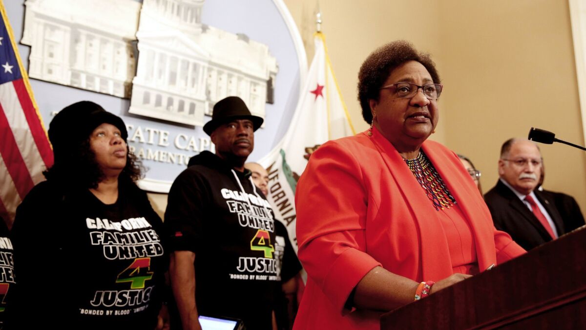 Assemblywoman Shirley Weber, D-San Diego, discusses her bill that would allow police to use deadly force only when there is no reasonable alternative, at a Feb. 6, news conference in Sacramento.