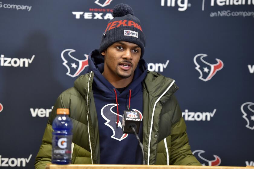 Houston Texans quarterback Deshaun Watson speaks during a news conference following an NFL divisional playoff football game against the Kansas City Chiefs in Kansas City, Mo., Sunday, Jan. 12, 2020. Star quarterback Deshaun Watson has requested a trade from the Houston Texans, a person familiar with the move told The Associated Press. The person spoke to the AP on the condition of anonymity Thursday, Jan. 28, 2021, because they weren’t authorized to discuss the request publicly. (AP Photo/Ed Zurga, File)