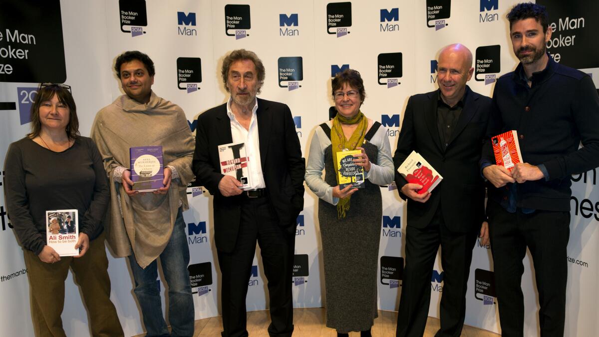 Finalists for the Man Booker Prize, from left: Ali Smith, Neel Mukherjee, Howard Jacobson, Karen Joy Fowler, Richard Flanagan and Joshua Ferris.