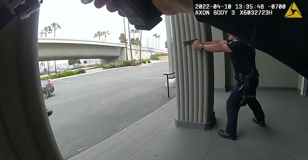 Image shows Harbor police Officer James Macmaster and Sgt. Scott Ferraioli shoot at Eric Medina on April 10 outside police HQ