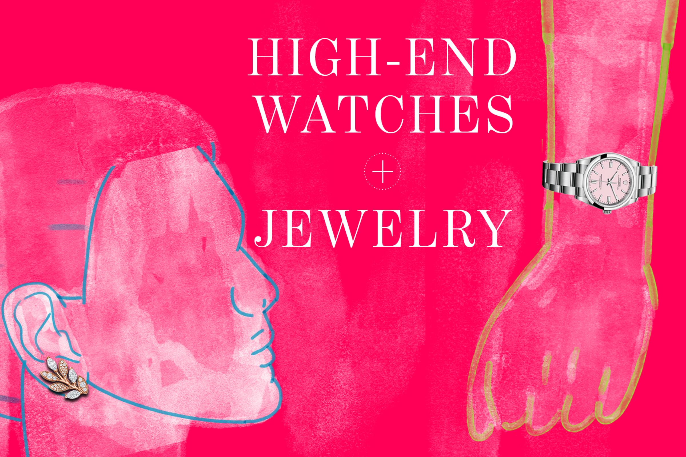 A photo illustration of a Tiffany earring and a Rolex watch.