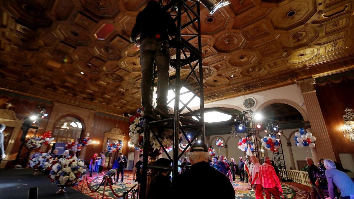 A production crew prepares a set for the season finale of the Amazon Studios series "Goliath" at the Biltmore Hotel in downtown Los Angeles on Dec. 21, 2017.