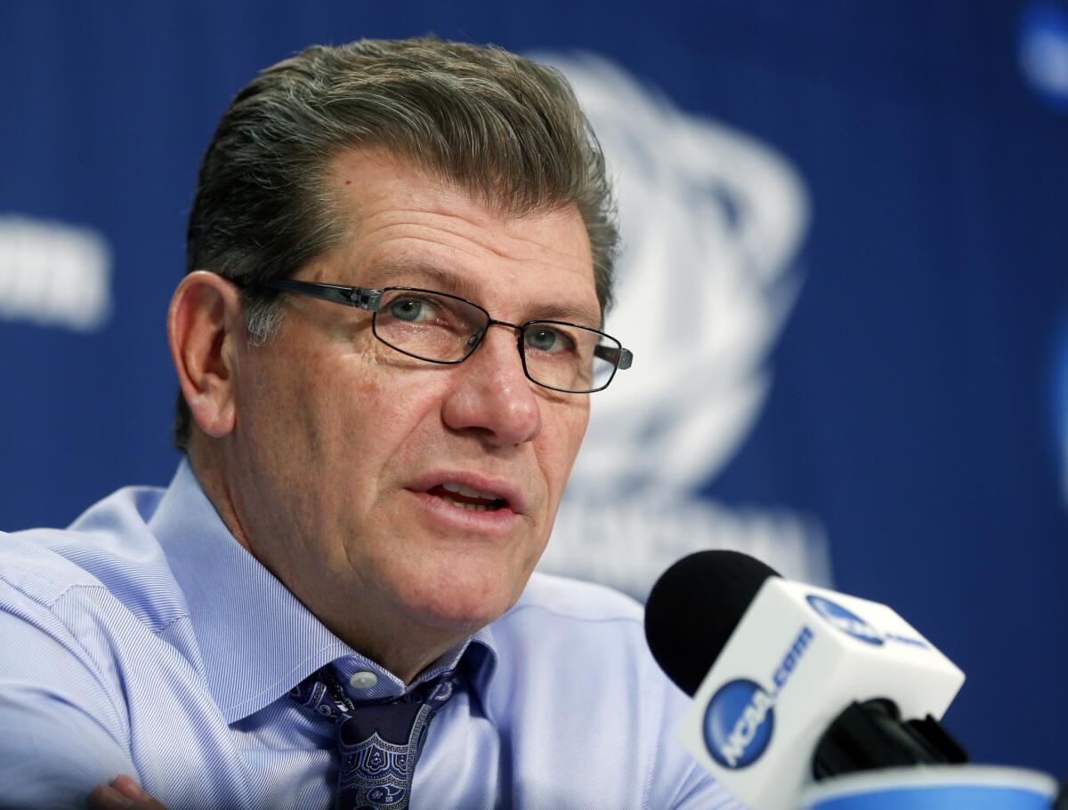 Connecticut Coach Geno Auriemma during a news conference after his team's 91-70 win over Dayton in a regional final game Monday in Albany, N.Y.
