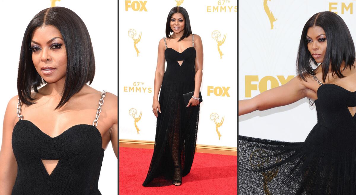 Taraji P. Henson, nominated for lead actress in a drama for "Empire," looked edgy but elegant in a black lace bustier gown by Alexander Wang