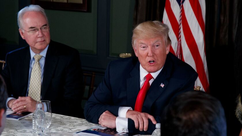 Health and Human Services Secretary Tom Price, left, and President Trump attend a meeting at the president's golf resort in Bedminster, N.J., earlier this month.