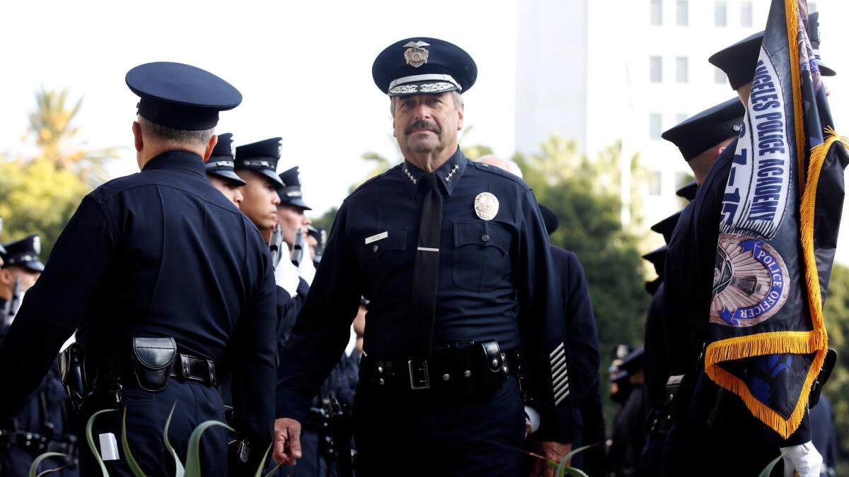 LAPD Chief Charlie Beck appears at a 2015 graduation ceremony for new LAPD officers. (Francine Orr / Los Angeles Times)