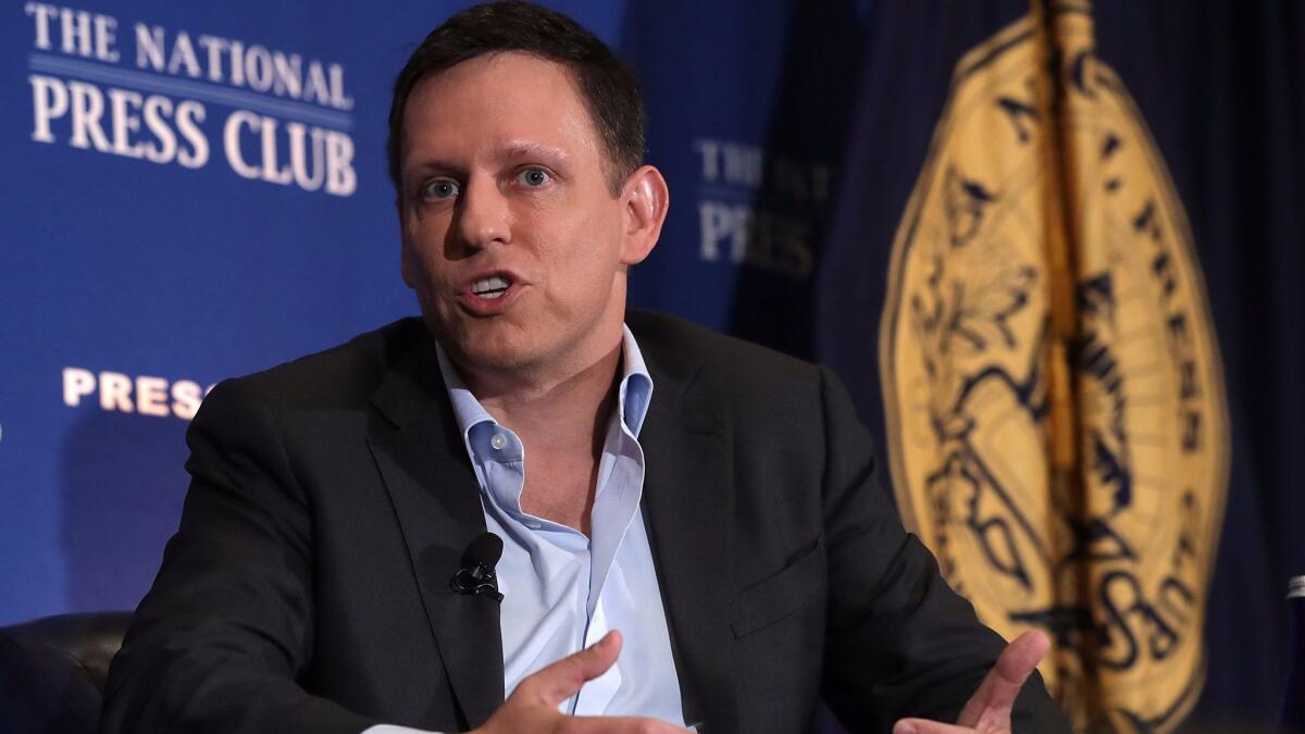 Peter Thiel discusses his support for Donald Trump on Monday in Washington.