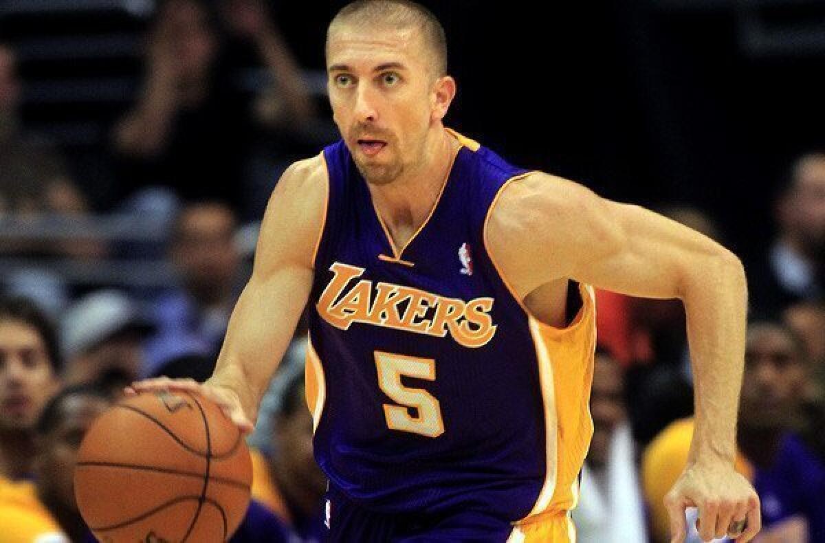 Lakers reserve point guard Steve Blake is averaging 6.1 points and 3.8 assists in 37 games this season.
