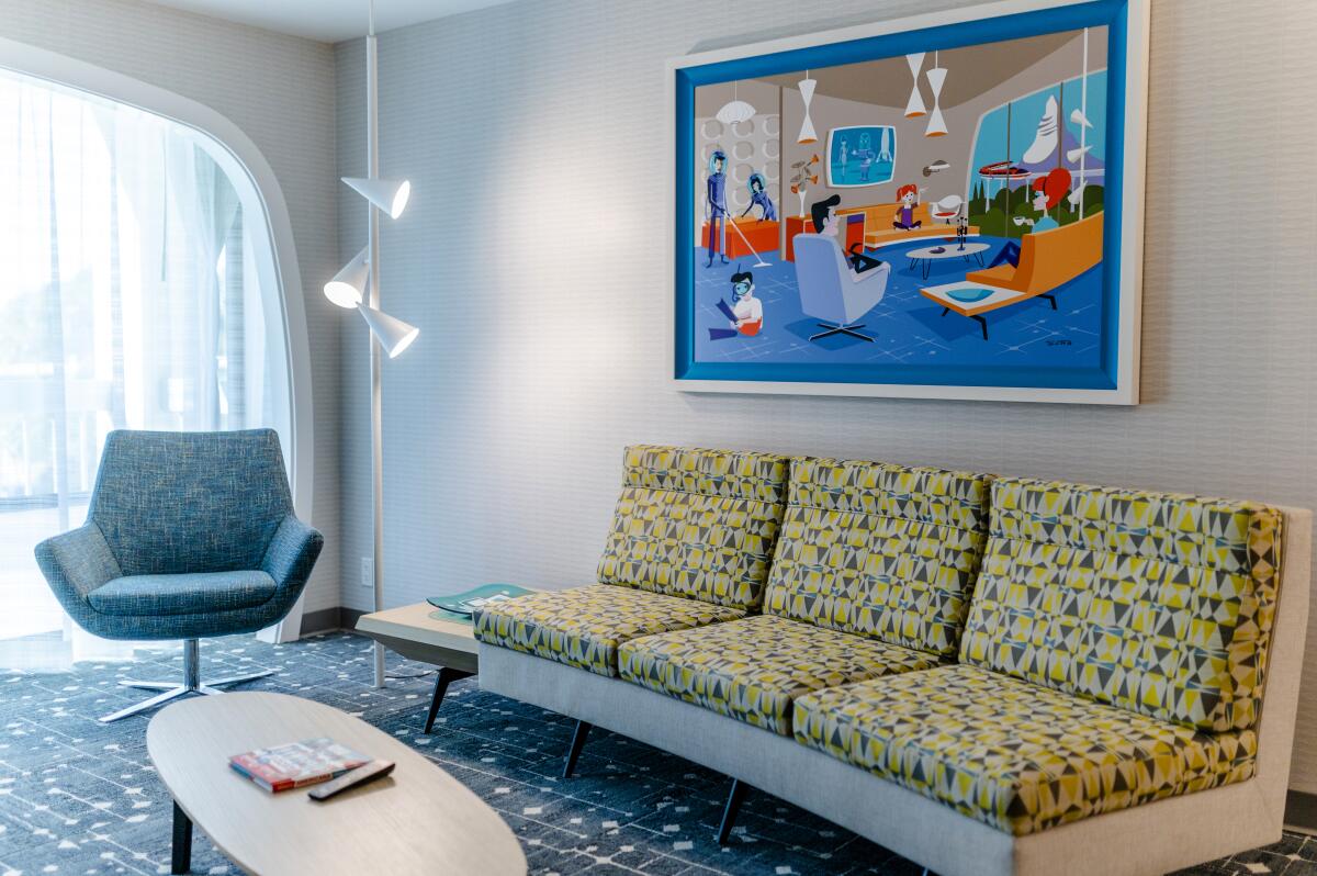 Artist, Shag, contributed original work to the "House of the Retro Future" suite at Howard Johnson Anaheim Hotel.