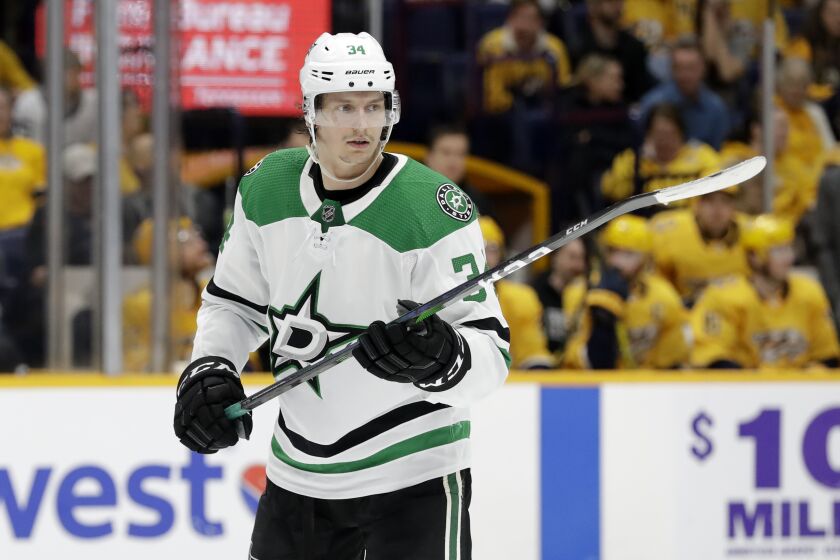 Dallas Stars right wing Denis Gurianov, of Russia, plays against the Nashville Predators in the third period of an NHL hockey game Thursday, March 5, 2020, in Nashville, Tenn. The Predators won 2-0. (AP Photo/Mark Humphrey)