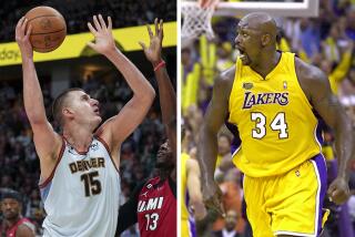 Left: Denver Nuggets center Nikola Jokic. Right: Los Angeles Lakers' Shaquille O'Neal