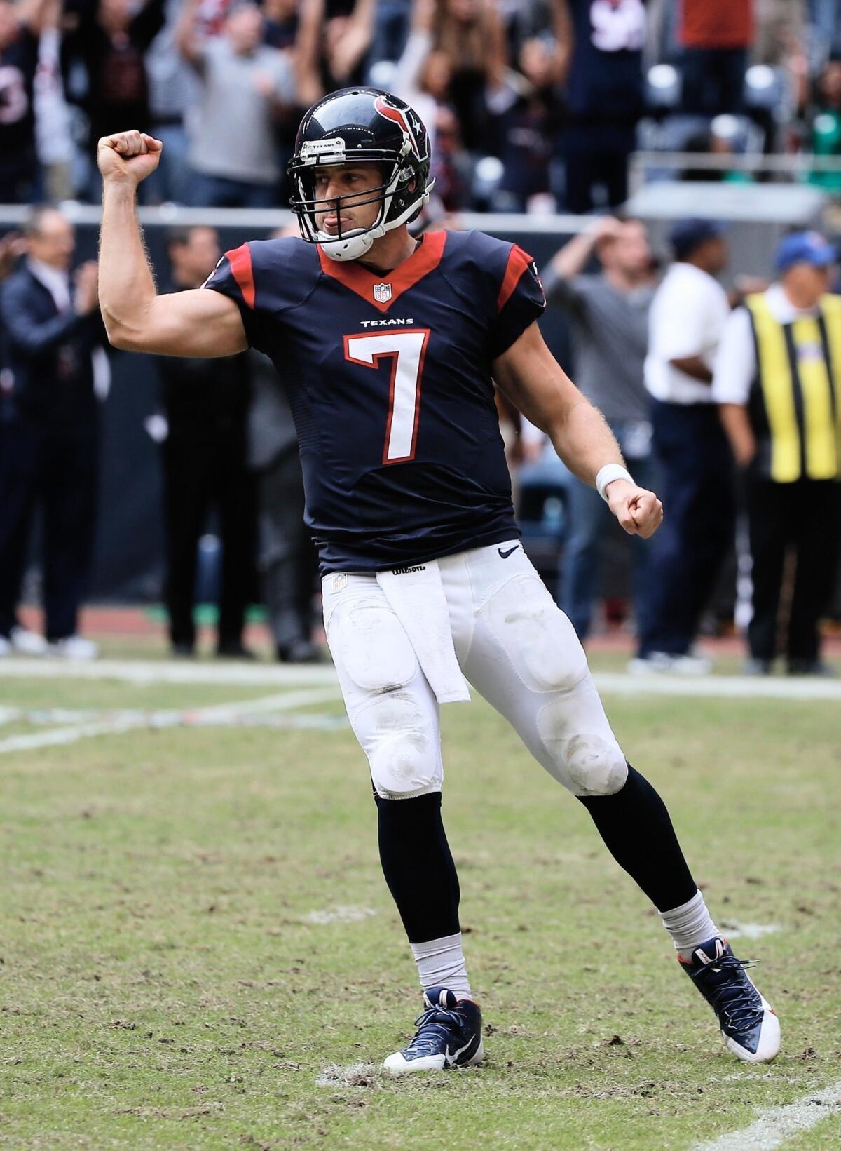 Houston Texans quarterback Case Keenum celebrates a touchdown during a loss to the New England Patriots on Sunday. Can the Texans stop the surging Jacksonville Jaguars on Thursday?