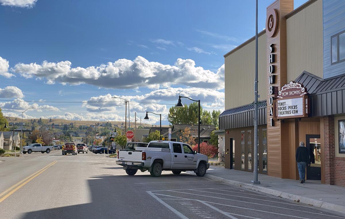 Main Street in Polson, Mont., where Christopher Nolan’s film, “Tenet” is showing at the Showboat Theater.