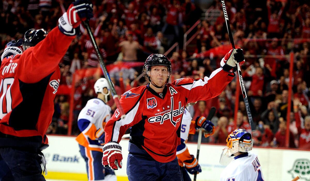 Washington's Nicklas Backstrom celebrates after scoring in the third period against the New York Islanders during Game Two of the Eastern Conference quarterfinals of the 2015 NHL Stanley Cup Playoffs on Friday.