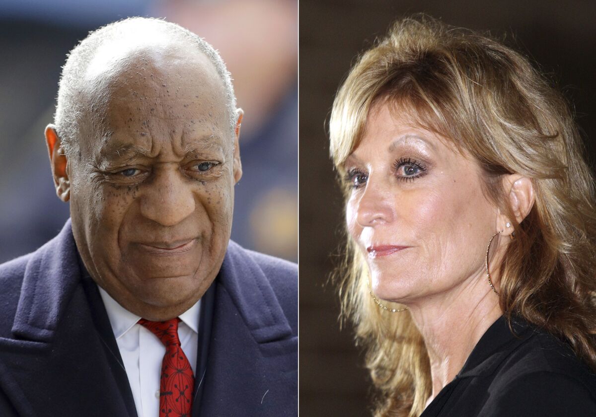 Bill Cosby arrives for his sexual assault trial in Norristown, Pa. on April 20, 2018, left, and Judy Huth appears at a press conference outside the Los Angeles Police Department's Wilshire Division station in Los Angeles on Dec. 5, 2014. Eleven months after he was freed from prison, Cosby, 85, will again be the defendant in a sexual assault proceeding, this time a civil case in California. Huth, who is now 64, alleges that in 1975 when she was 16, Cosby sexually assaulted her at the Playboy Mansion. (AP Photo)