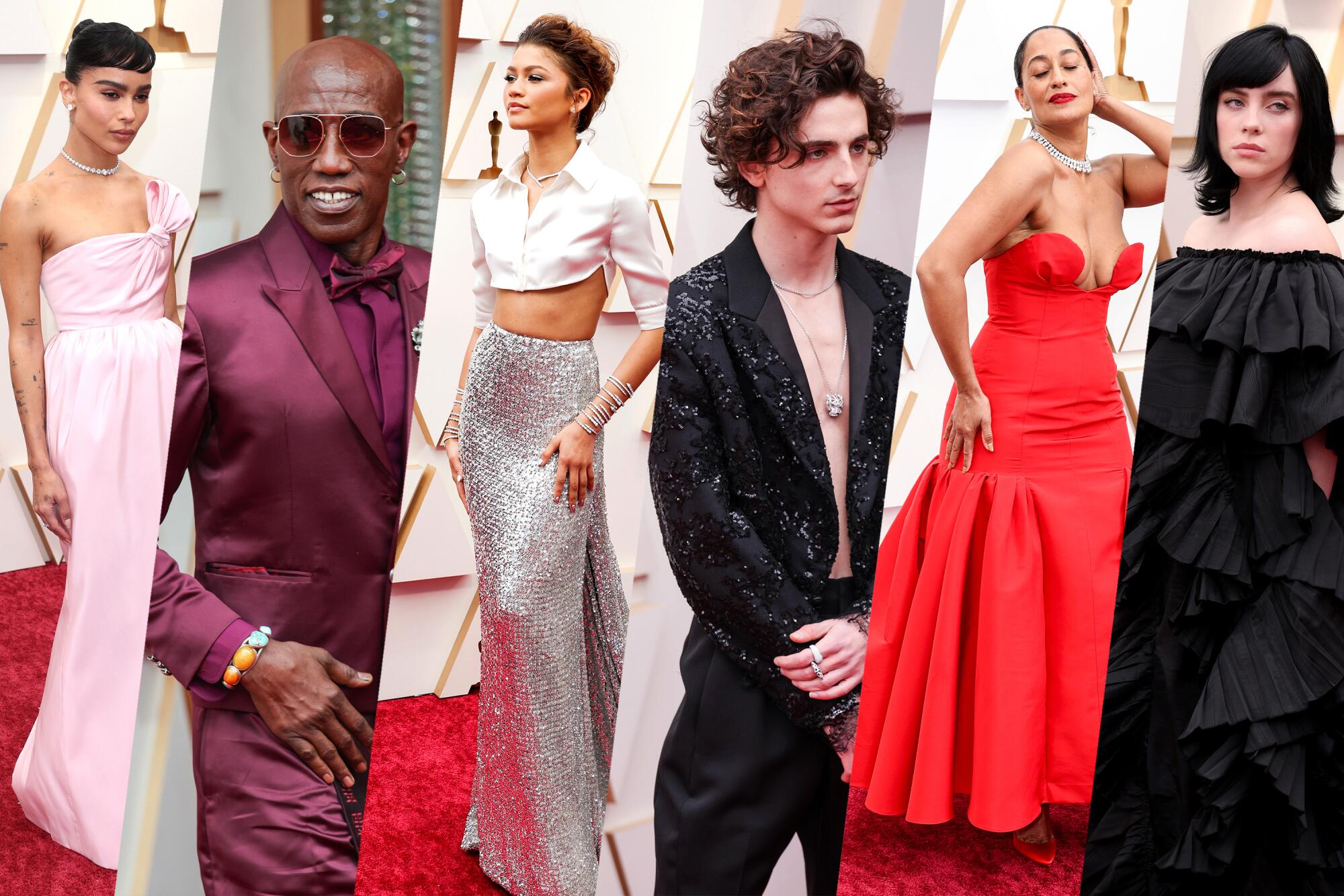 Photos of people in gowns and tuxes on the red carpet at the Oscars in 2022.