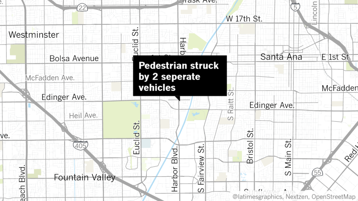 A pedestrian was stuck and injured by two vehicles along Harbor Boulevard and Lilac Avenue in Fountain Valley.
