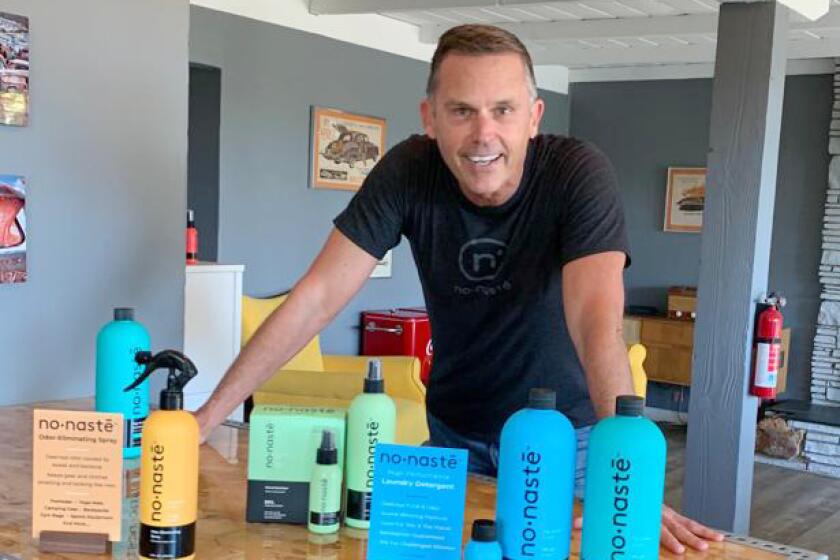 Poway resident Andy Voggenthaler shows the detergent and spray products available through his company, Nonaste.