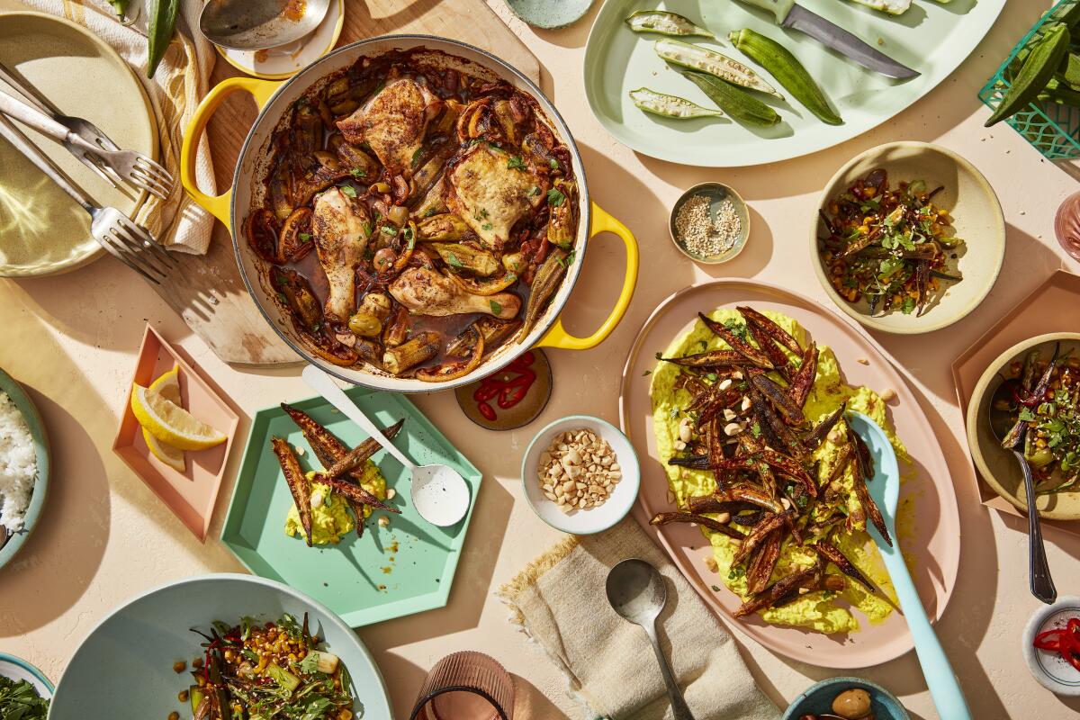 An assortment of dishes featuring okra, including braised chicken with okra and crunchy roasted okra with labneh.