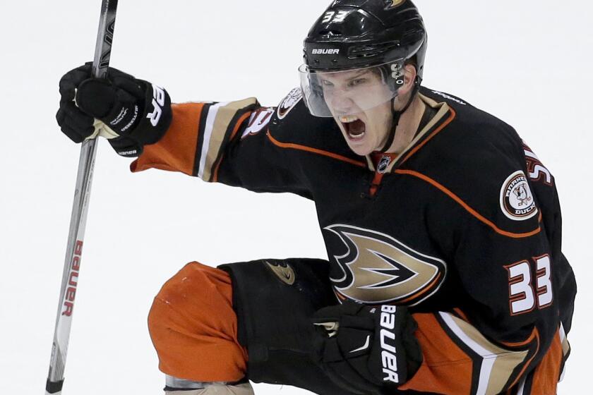 Ducks forward Jakob Silfverberg celebrates a goal against the Winnipeg Jets during the final minutes of an NHL playoff game on April 18.