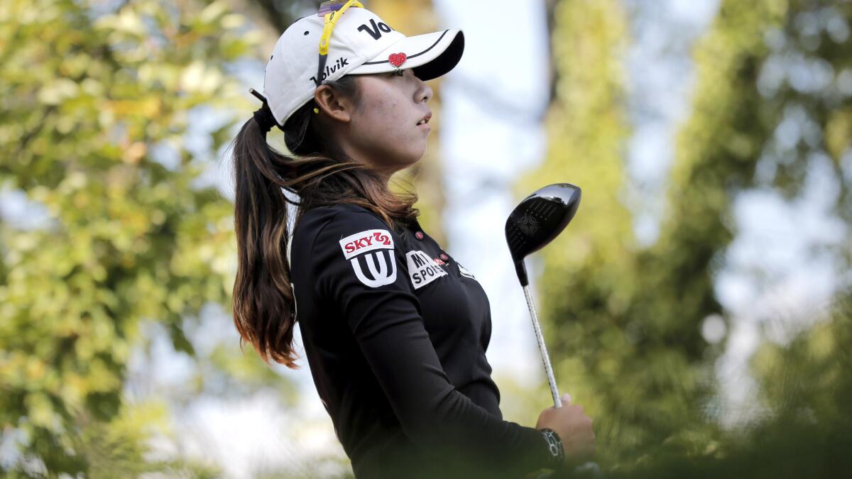 Mi Hyang Lee watches her tee shot at No. 15 during the second round of the Evian Championship on Friday.