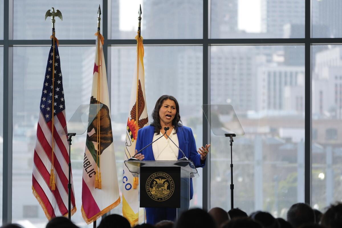 San Francisco Mayor London Breed delivers her State of the City address at the Pier 27 cruise terminal in San Francisco, Thursday, March 7, 2024. (AP Photo/Eric Risberg)