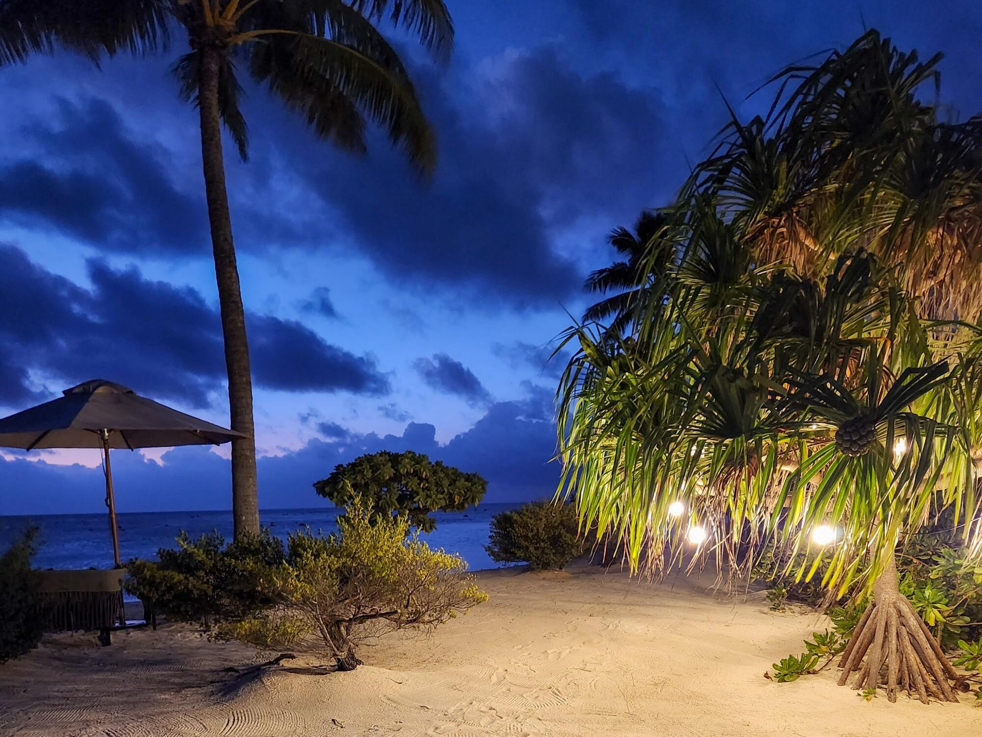 An evening view from the open-air bar on Tetiaroa.