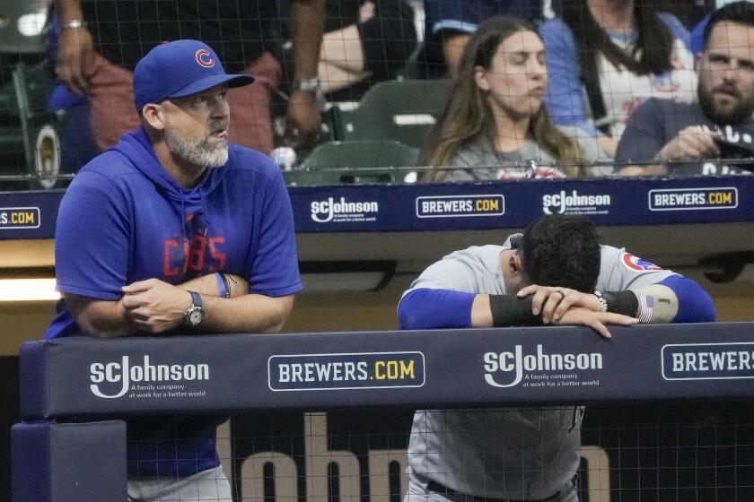 Chicago Cubs manager David Ross and Yan Gomes are seen during the eighth inning of a baseball game against the Milwaukee Brewers Saturday, Sept. 30, 2023, in Milwaukee. The Miami Marlins won their game to eliminate the Cubs from post season contention. (AP Photo/Morry Gash)