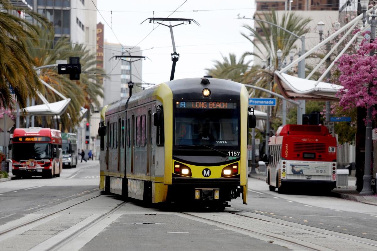 A Metro train pulls into the Blue Line Metro 1st Street station in downtown on Thursday, April 13, 2023, in Long Beach. 