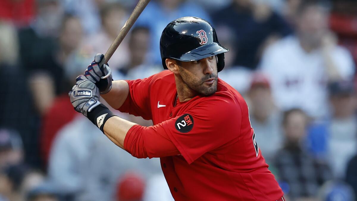 J.D. Martinez bats for the Boston Red Sox against the Kansas City Royals in September.