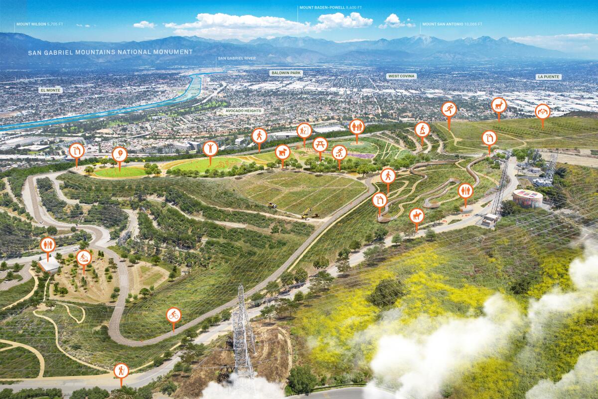 A rendering shows an aerial view of the Puente Hills Landfill with labels marking amenities like trails and picnic areas