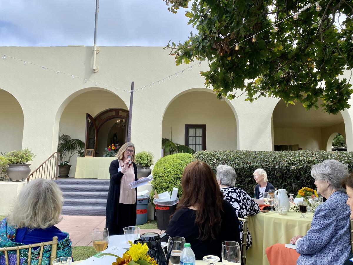 Local historian and author Molly McClain speaks at the Oct. 11 meeting of the La Jolla Woman's Club.