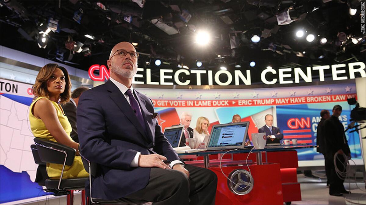 Nia-Malika Henderson and Michael Smerconish in the foreground as CNN's election night team watches 2016 results come in.