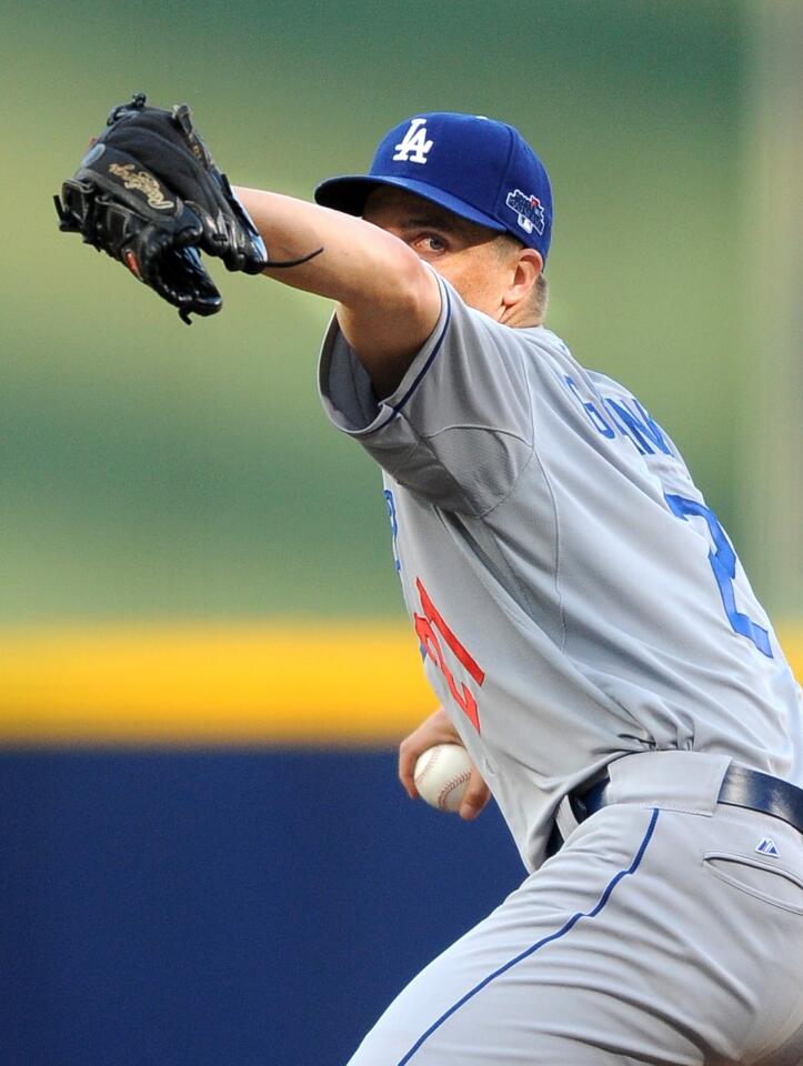 Dodgers starter Zack Greinke delivers a pitch during the first inning of Game 2 of the National League division series.