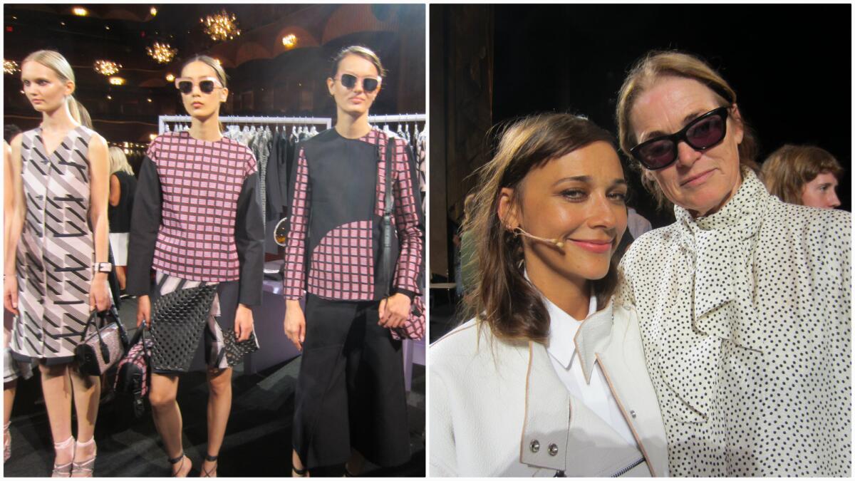 At left, looks from the Opening Ceremony spring and summer 2015 women's collection presented during New York Fashion Week. At right, Rashida Jones, left, who played a fictional version of Vogue West Coast editor Lisa Love in the one-act play "100% Lost Cotton" with her real-life counterpart at right.