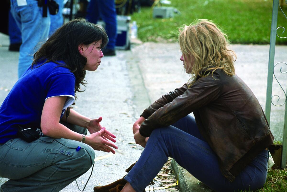 Director Patty Jenkins and Charlize Theron on the set of "Monster."
