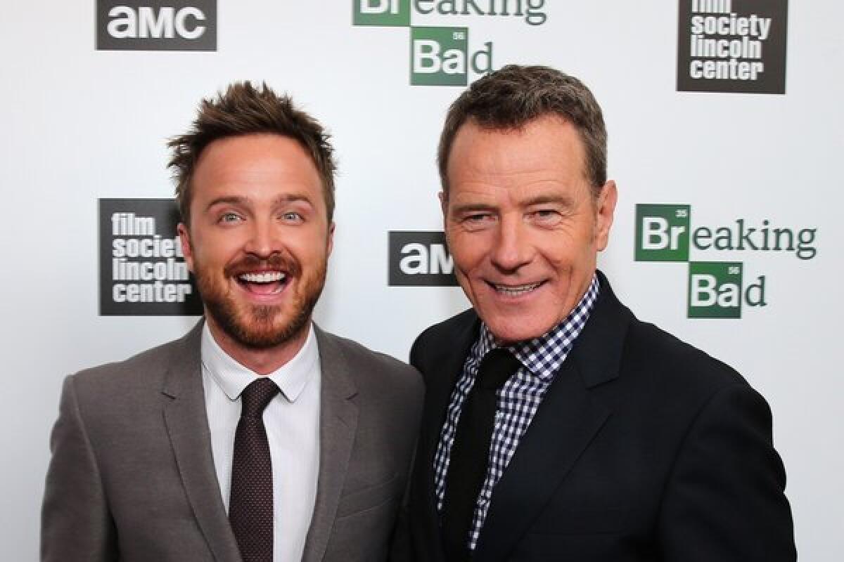 Actors Aaron Paul and Bryan Cranston attends The Film Society of Lincoln Center and AMC Celebration of "Breaking Bad" final episodes at The Film Society of Lincoln Center, Walter Reade Theatre in New York City.