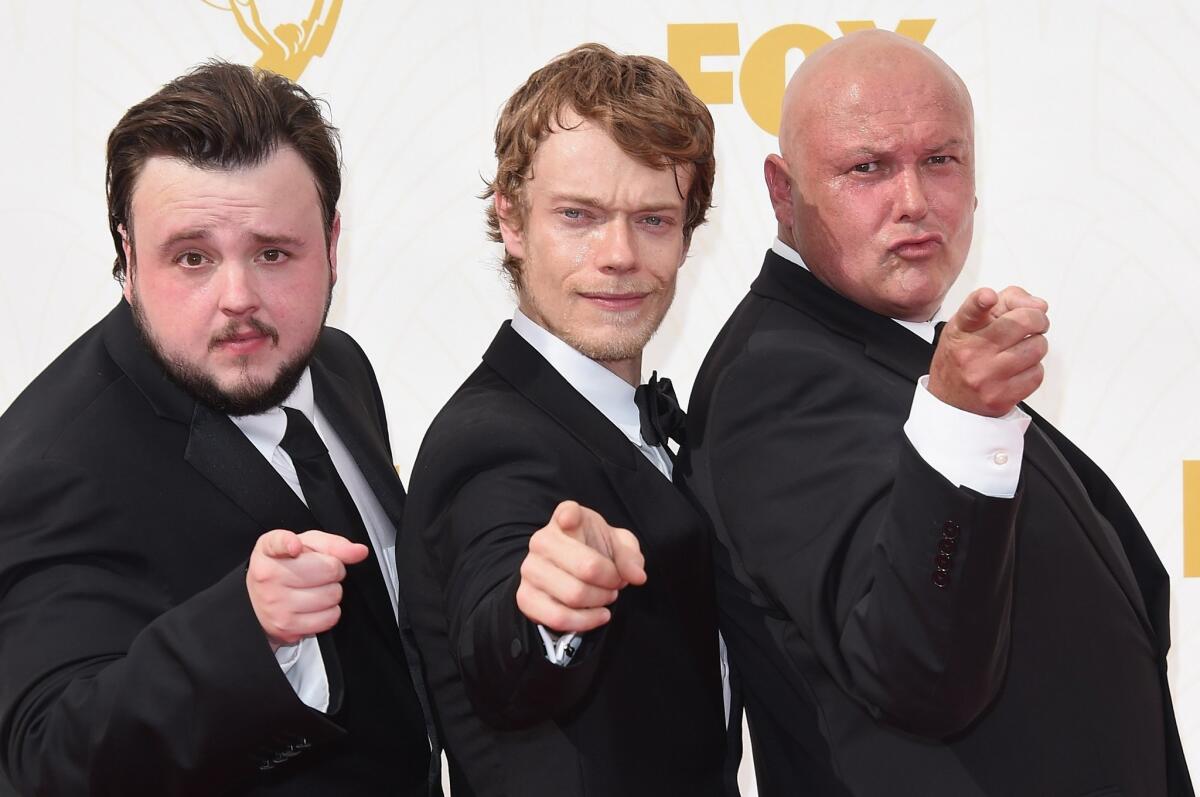 Actors John Bradley-West, Alfie Allen and Conleth Hill attend the 67th Primetime Emmy Awards at Microsoft Theater on Sept. 20, 2015 in Los Angeles