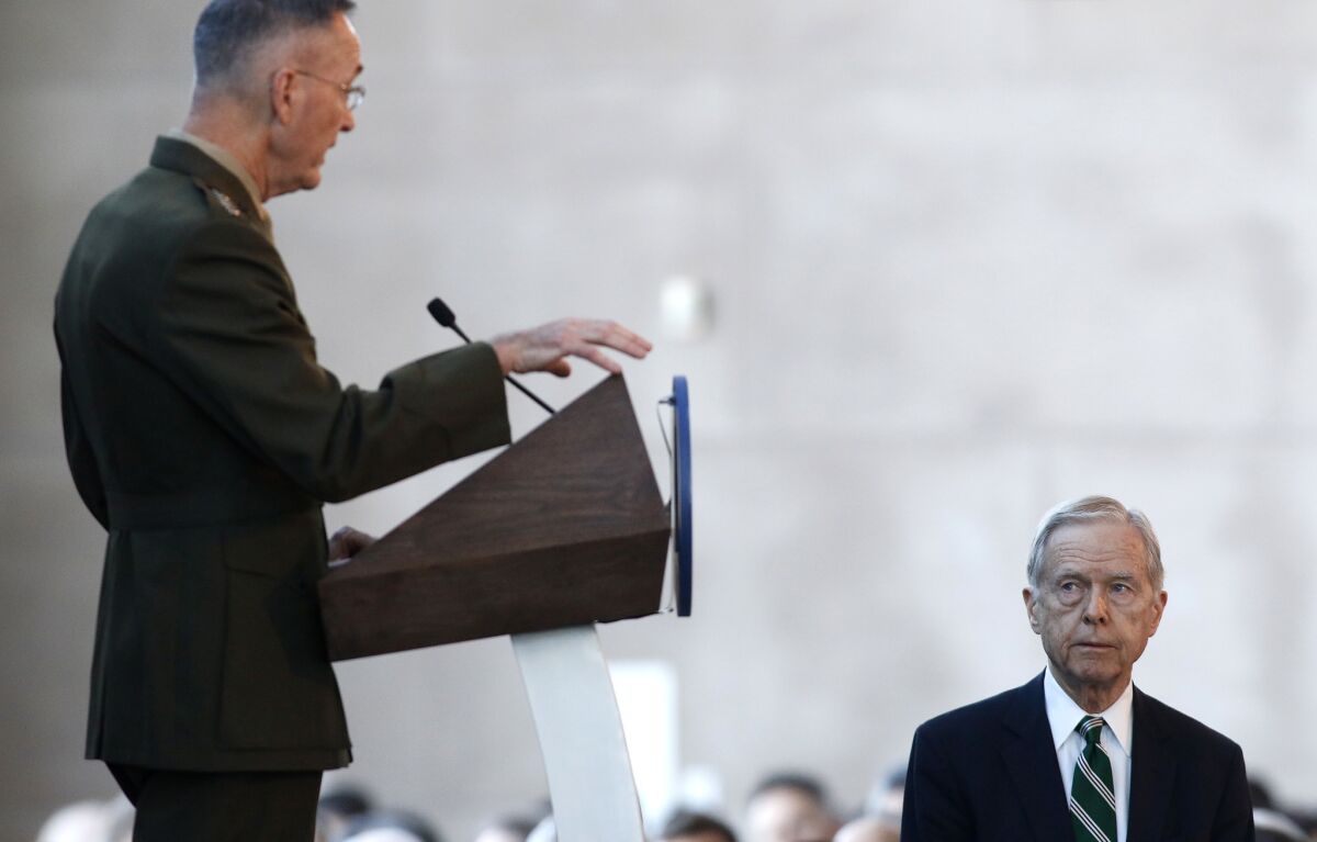 Former California Gov. Pete Wilson, right, moderates the Q&A; portion of the keynote address by Gen. Joseph F. Dunford Jr., chairman of the Joint Chiefs of Staff, during the Reagan National Defense Forum.