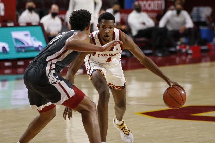 USC forward Evan Mobley drives to the basket against Washington State on Jan. 16.