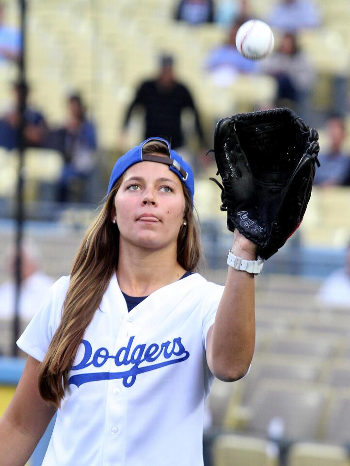 Photo Gallery: Olympian Kate Hansen throws out first pitch of Dodger game