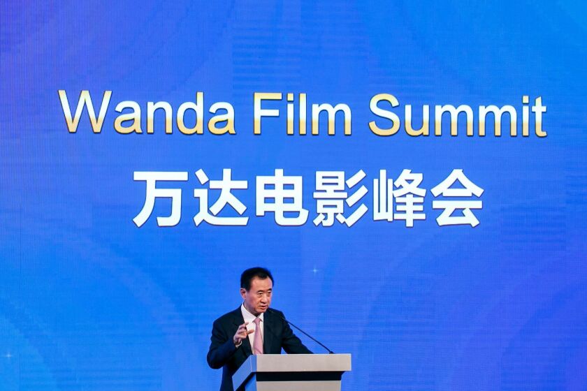 LOS ANGELES, CALIF. -- MONDAY, OCTOBER 17, 2016: Wang Jianlin, chairman of Dalian Wanda Group, speaks at the Wanda Film Summit, in Los Angeles, Calif., on Oct. 17, 2016. (Marcus Yam / Los Angeles Times)