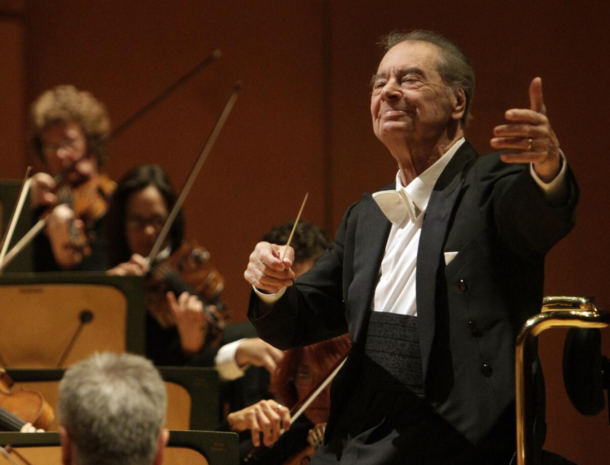 Spanish conductor Rafael Frühbeck de Burgos conducts the Los Angeles Philharmonic at Walt Disney Concert Hall in 2012.