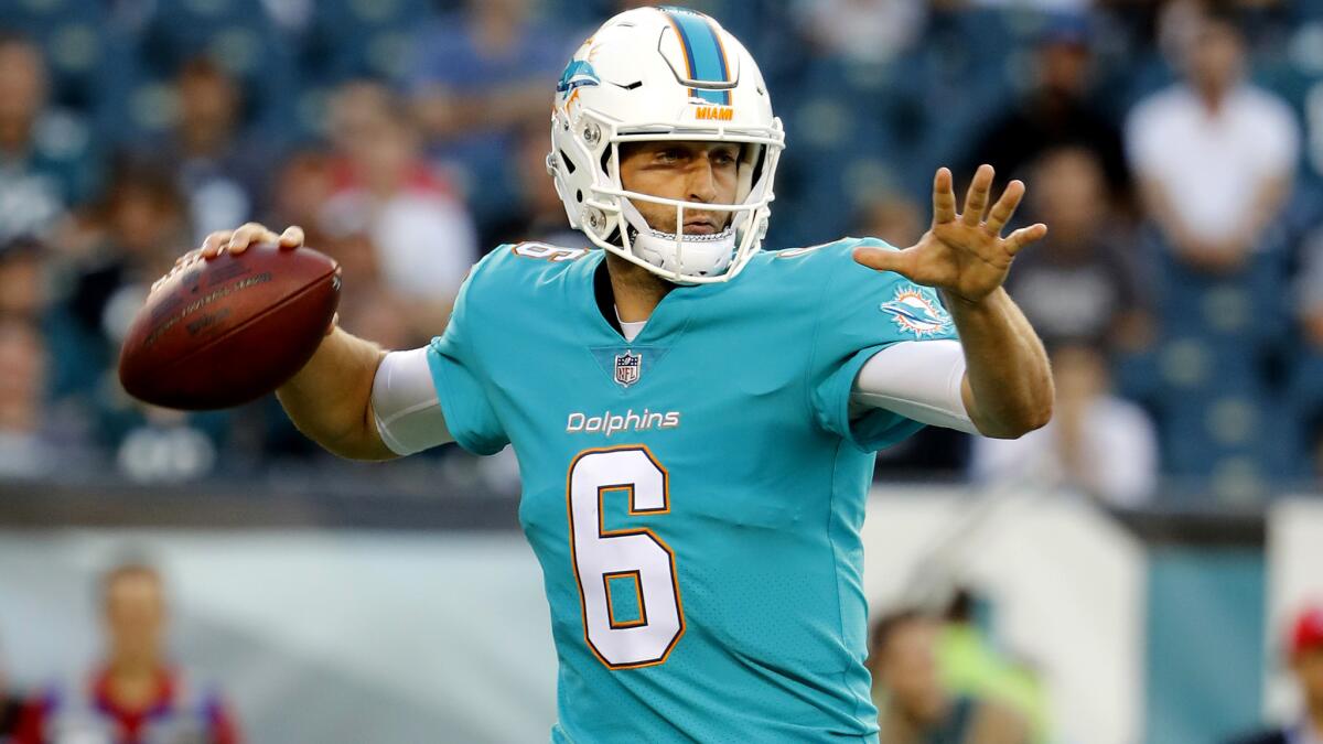 Dolphins quarterback Jay Cutler prepares to pass against the Eagles during an exhibition game in August.